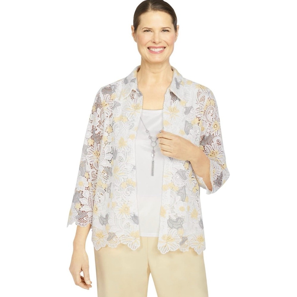 Alfred Dunner Women's‎ Gray & Yellow Floral Lace Cardigan 3/4 Sleeve Medium D24